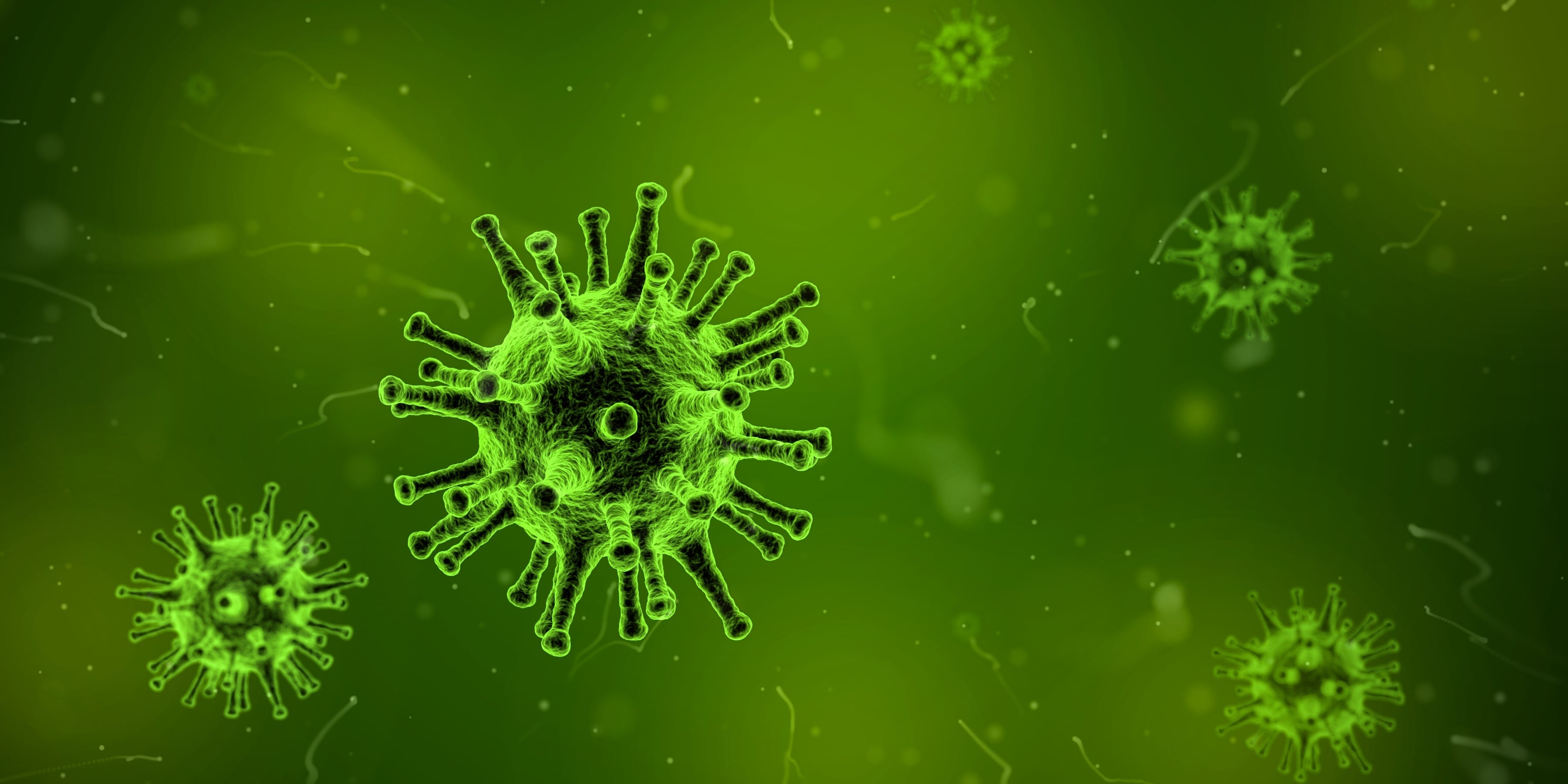 Green virus particles against a green background